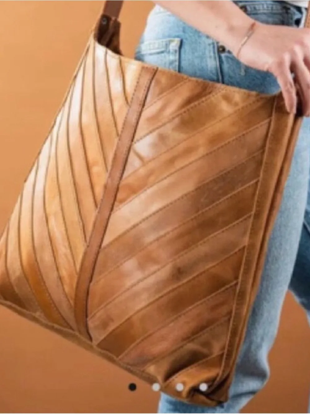 Raven + Lily Tan Leather Chevron-Panel Crossbody Tote